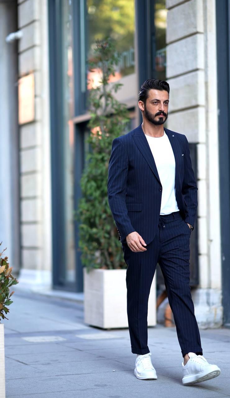Çizgili Lacivert Jogger Takım Elbise MS64H9